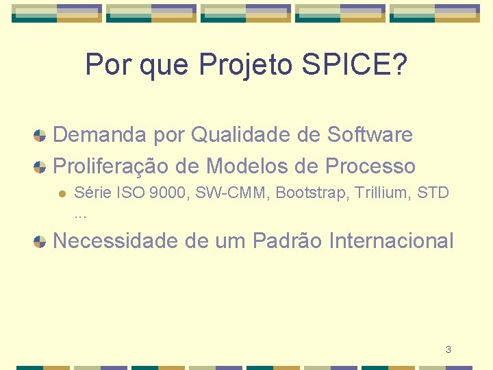 Por que Projeto SPICE? Demanda por Qualidade de Software Proliferação de Modelos de Processo