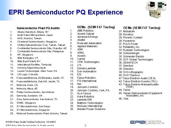 EPRI Semiconductor PQ Experience Semiconductor Plant PQ Audits 1. 2. 3. 4. 5. 6.