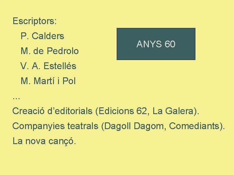 Escriptors: P. Calders M. de Pedrolo ANYS 60 V. A. Estellés M. Martí i