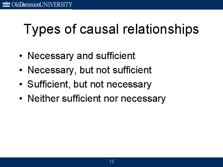 Types of causal relationships • • Necessary and sufficient Necessary, but not sufficient Sufficient,