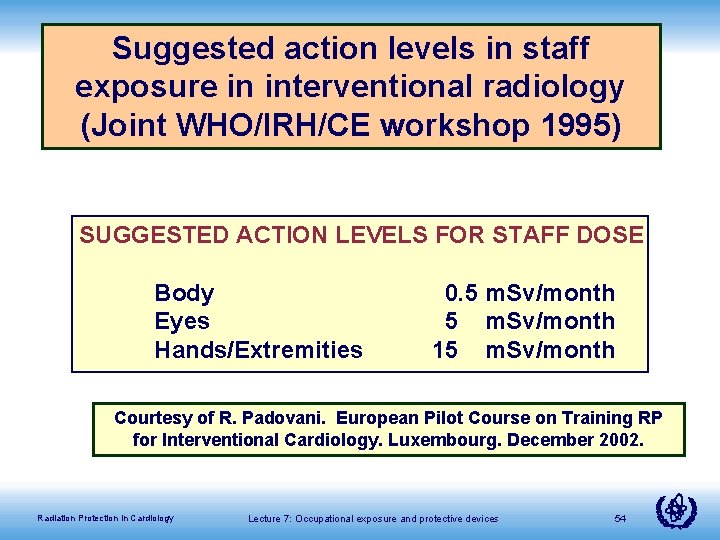Suggested action levels in staff exposure in interventional radiology (Joint WHO/IRH/CE workshop 1995) SUGGESTED