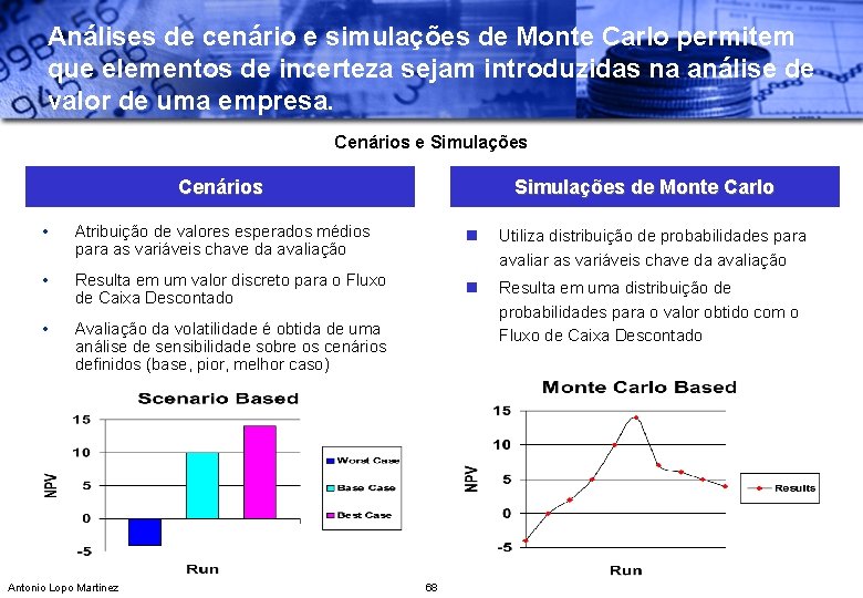 Análises de cenário e simulações de Monte Carlo permitem que elementos de incerteza sejam