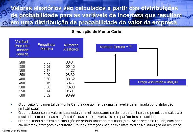 Valores aleatórios são calculados a partir das distribuições de probabilidade para as variáveis de