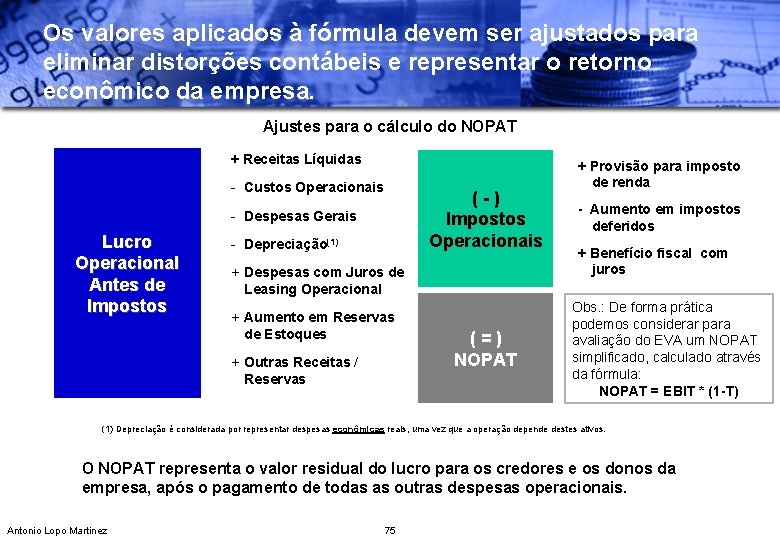 Os valores aplicados à fórmula devem ser ajustados para eliminar distorções contábeis e representar