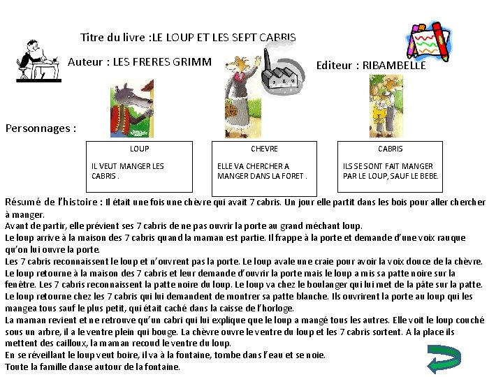 Titre du livre : LE LOUP ET LES SEPT CABRIS Auteur : LES FRERES