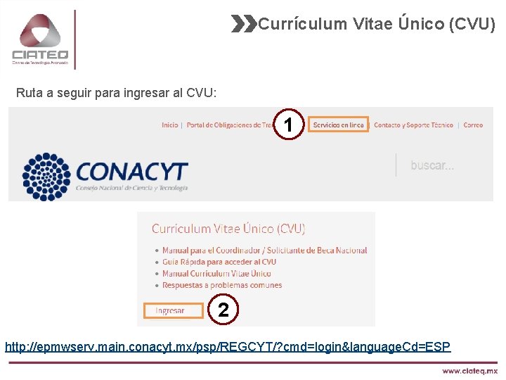 Currículum Vitae Único (CVU) Ruta a seguir para ingresar al CVU: 1 2 http: