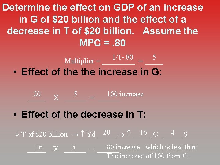 Determine the effect on GDP of an increase in G of $20 billion and