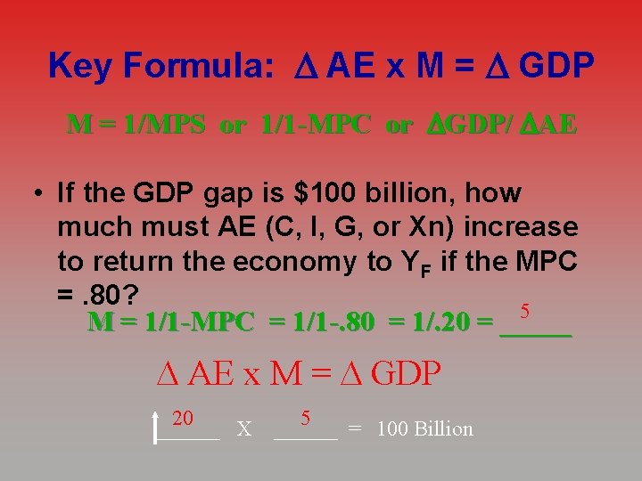 Key Formula: AE x M = GDP M = 1/MPS or 1/1 -MPC or