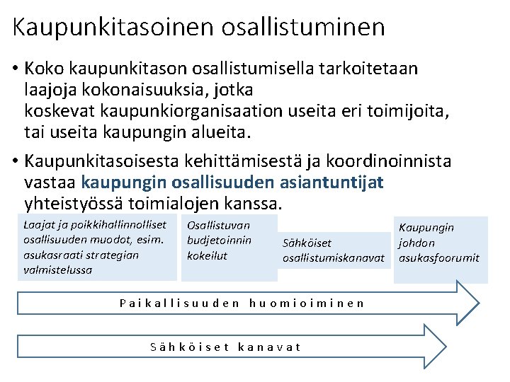 Kaupunkitasoinen osallistuminen • Koko kaupunkitason osallistumisella tarkoitetaan laajoja kokonaisuuksia, jotka koskevat kaupunkiorganisaation useita eri