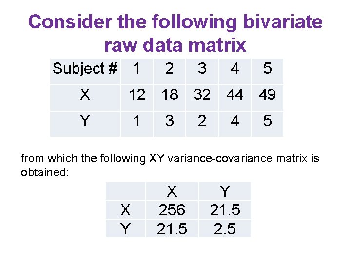 Consider the following bivariate raw data matrix Subject # 1 2 3 4 5