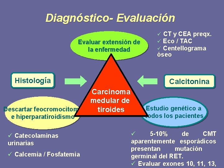 Diagnóstico- Evaluación Evaluar extensión de la enfermedad Histología Descartar feocromocitoma e hiperparatiroidismo ü Catecolaminas