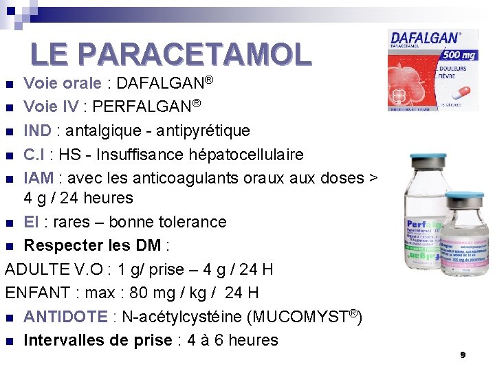 LE PARACETAMOL Voie orale : DAFALGAN® n Voie IV : PERFALGAN® n IND :