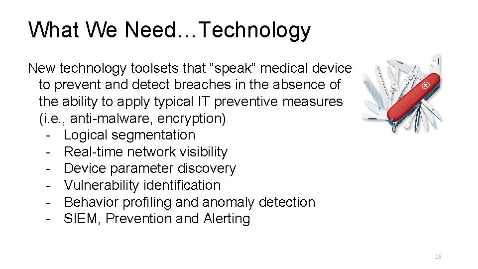What We Need…Technology New technology toolsets that “speak” medical device to prevent and detect