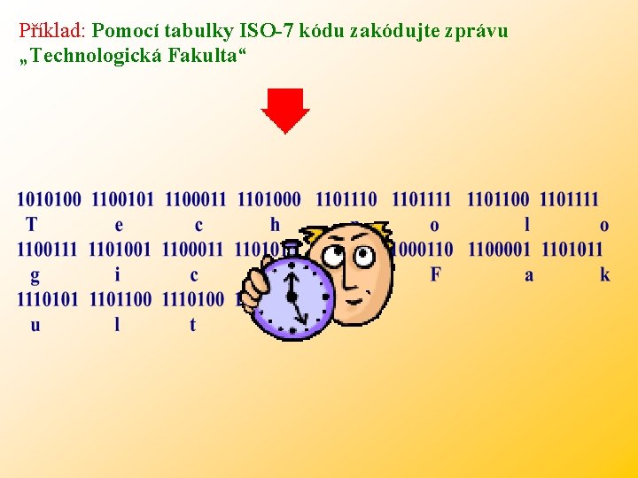 Příklad: Pomocí tabulky ISO-7 kódu zakódujte zprávu „Technologická Fakulta“ 
