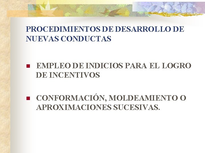 PROCEDIMIENTOS DE DESARROLLO DE NUEVAS CONDUCTAS n EMPLEO DE INDICIOS PARA EL LOGRO DE