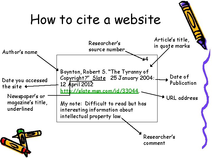 How to cite a website Author’s name Date you accessed the site Newspaper’s or