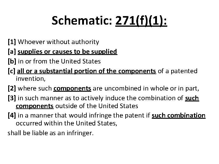 Schematic: 271(f)(1): [1] Whoever without authority [a] supplies or causes to be supplied [b]