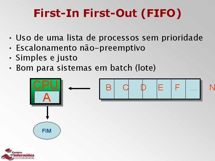First-In First-Out (FIFO) • • Uso de uma lista de processos sem prioridade Escalonamento