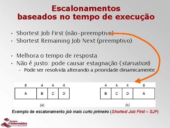 Escalonamentos baseados no tempo de execução • Shortest Job First (não-preemptivo) • Shortest Remaining