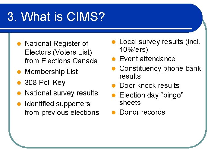 3. What is CIMS? l l l National Register of Electors (Voters List) from