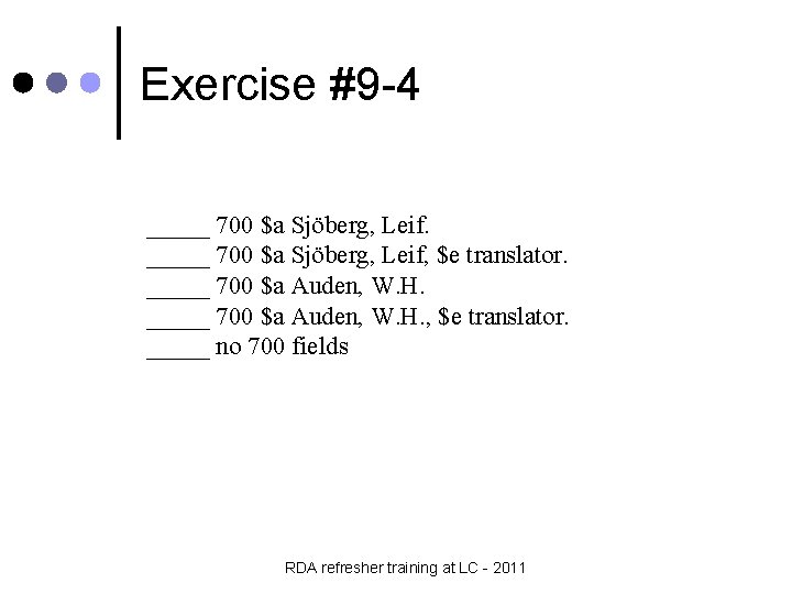 Exercise #9 -4 _____ 700 $a Sjöberg, Leif, $e translator. _____ 700 $a Auden,