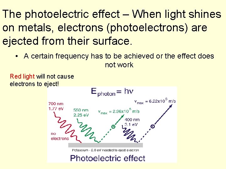 The photoelectric effect – When light shines on metals, electrons (photoelectrons) are ejected from