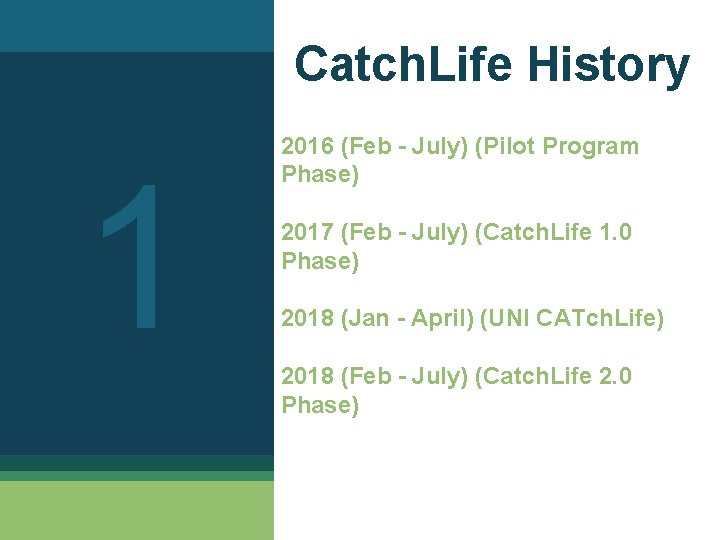 Catch. Life History 1 2016 (Feb - July) (Pilot Program Phase) 2017 (Feb -