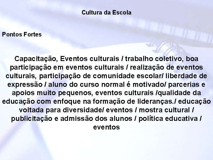 Cultura da Escola Pontos Fortes Capacitação, Eventos culturais / trabalho coletivo, boa participação em