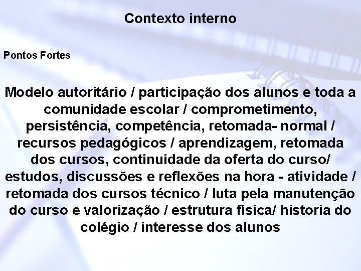 Contexto interno Pontos Fortes Modelo autoritário / participação dos alunos e toda a comunidade