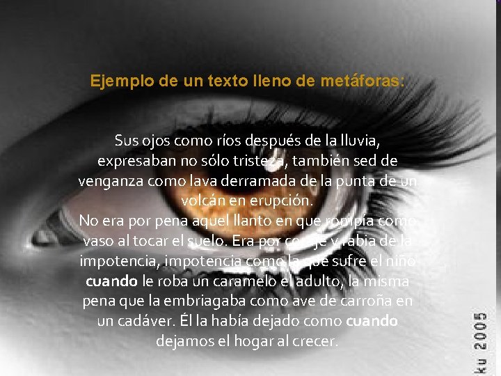 Ejemplo de un texto lleno de metáforas: Sus ojos como ríos después de la