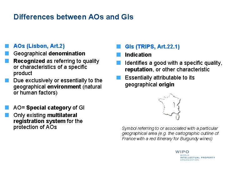 Differences between AOs and GIs AOs (Lisbon, Art. 2) Geographical denomination Recognized as referring