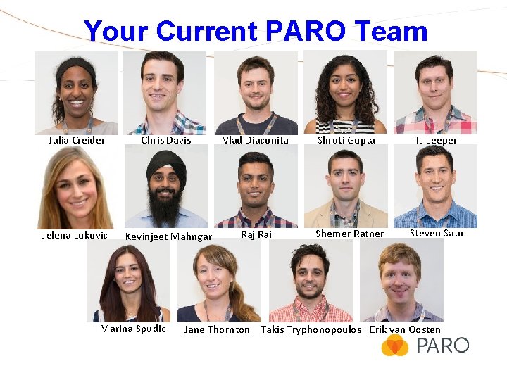 Your Current PARO Team Julia Creider Chris Davis Vlad Diaconita Jelena Lukovic Kevinjeet Mahngar