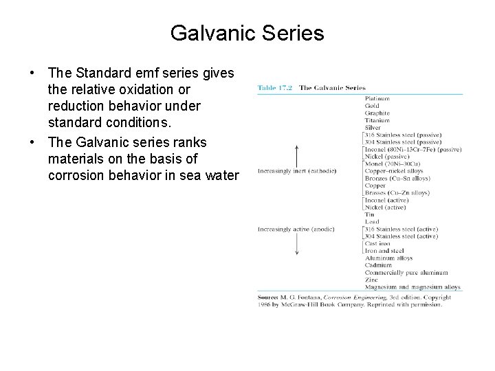 Galvanic Series • The Standard emf series gives the relative oxidation or reduction behavior