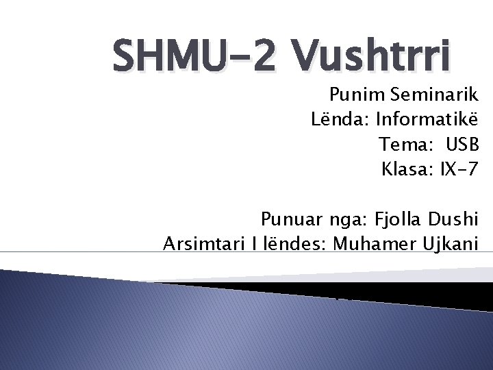 SHMU-2 Vushtrri Punim Seminarik Lënda: Informatikë Tema: USB Klasa: IX-7 Punuar nga: Fjolla Dushi