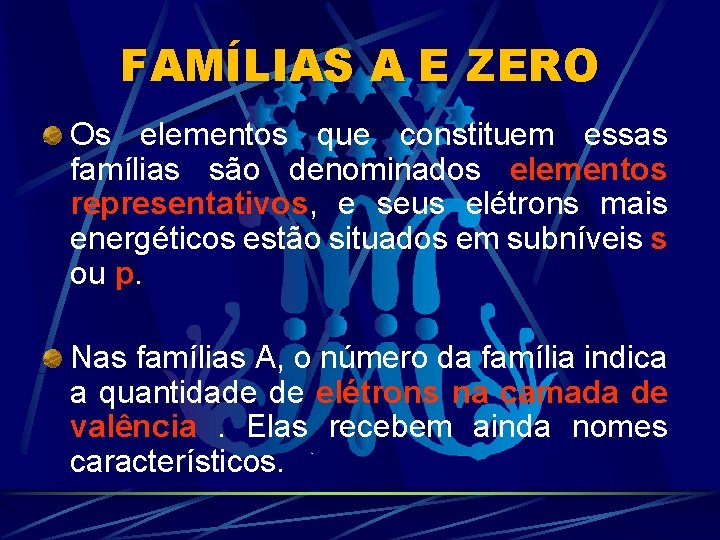 FAMÍLIAS A E ZERO Os elementos que constituem essas famílias são denominados elementos representativos,