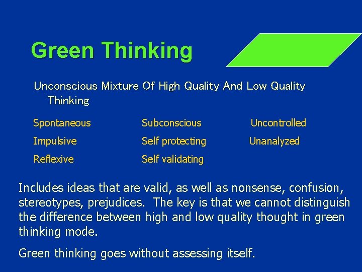 Green Thinking Unconscious Mixture Of High Quality And Low Quality Thinking Spontaneous Subconscious Uncontrolled