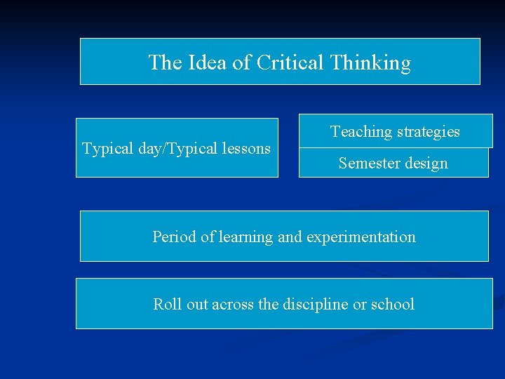 The Idea of Critical Thinking Typical day/Typical lessons Teaching strategies Semester design Period of