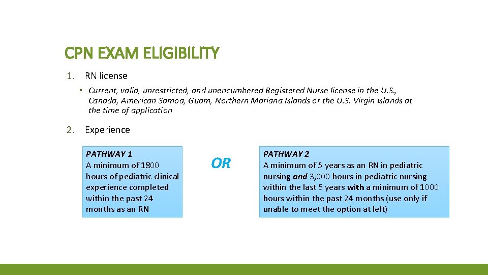 CPN EXAM ELIGIBILITY 1. RN license ▪ Current, valid, unrestricted, and unencumbered Registered Nurse