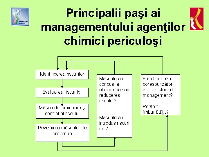 Principalii paşi ai managementului agenţilor chimici periculoşi Identificarea riscurilor Evaluarea riscurilor Măsuri de diminuare