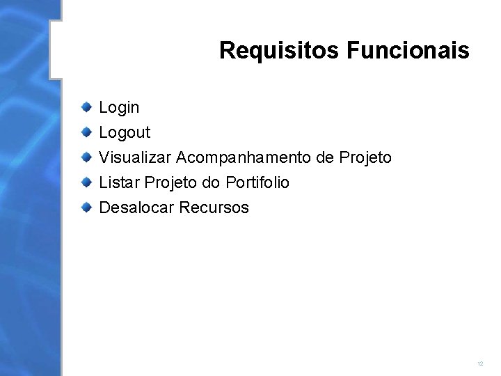 Requisitos Funcionais Login Logout Visualizar Acompanhamento de Projeto Listar Projeto do Portifolio Desalocar Recursos