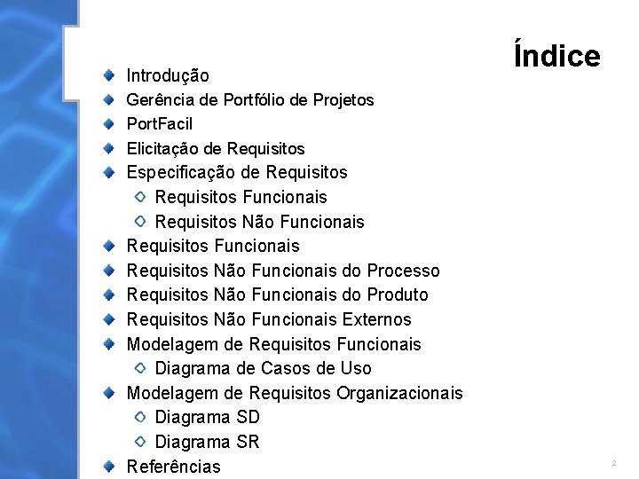 Introdução Índice Gerência de Portfólio de Projetos Port. Facil Elicitação de Requisitos Especificação de