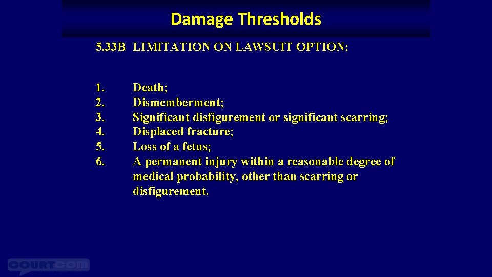 Damage Thresholds 5. 33 B LIMITATION ON LAWSUIT OPTION: 1. 2. 3. 4. 5.