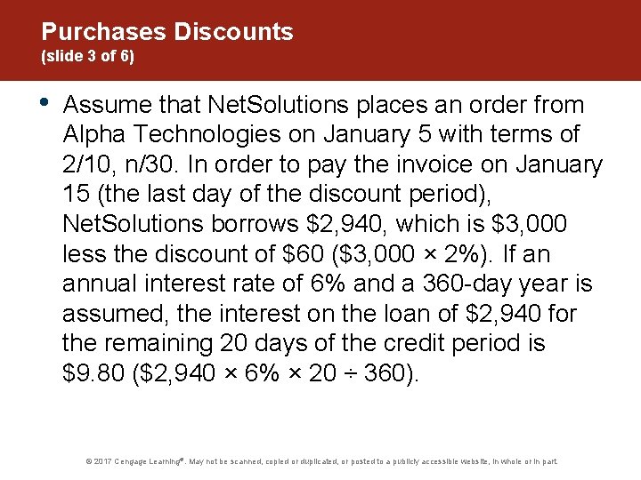 Purchases Discounts (slide 3 of 6) • Assume that Net. Solutions places an order
