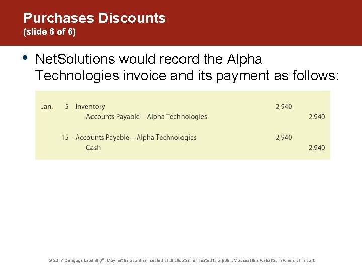 Purchases Discounts (slide 6 of 6) • Net. Solutions would record the Alpha Technologies