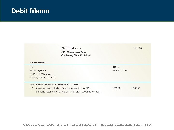 Debit Memo © 2017 Cengage Learning®. May not be scanned, copied or duplicated, or