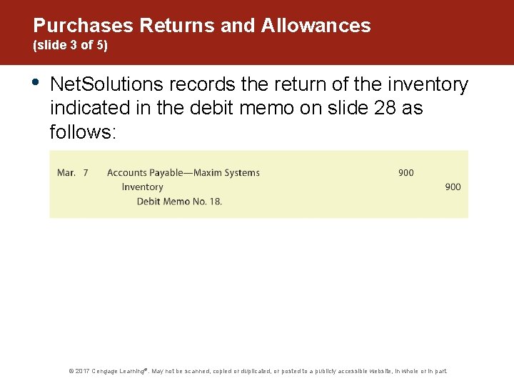 Purchases Returns and Allowances (slide 3 of 5) • Net. Solutions records the return