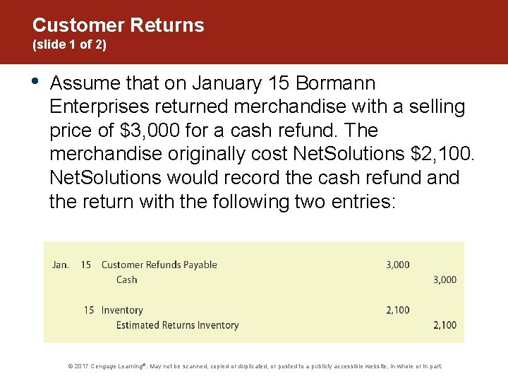 Customer Returns (slide 1 of 2) • Assume that on January 15 Bormann Enterprises