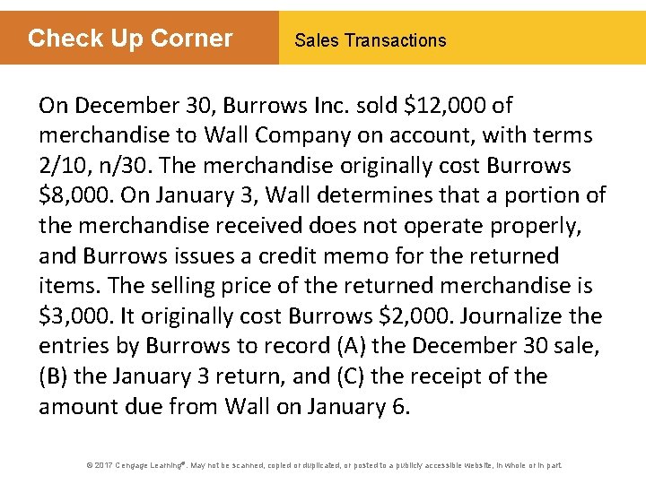 Check Up Corner Sales Transactions On December 30, Burrows Inc. sold $12, 000 of