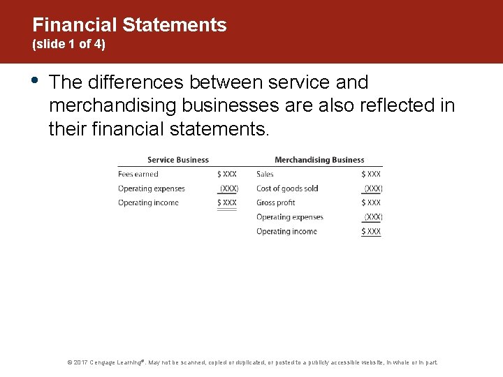 Financial Statements (slide 1 of 4) • The differences between service and merchandising businesses