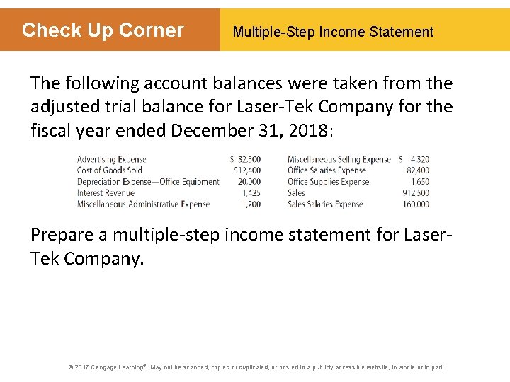 Check Up Corner Multiple-Step Income Statement The following account balances were taken from the